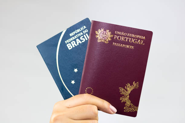 Brazilian and portuguese passports. stock photo