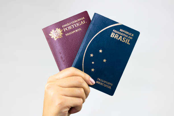 Brazilian and portuguese passports. stock photo