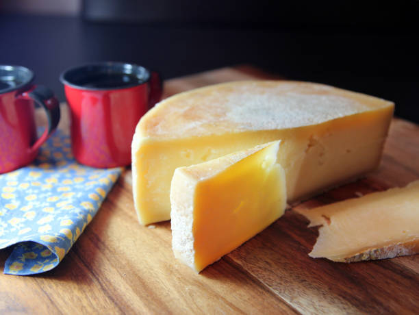 Brazilian cheese Queijo da Canastra. Fully cured cheese made from raw milk. Selective focus. stock photo