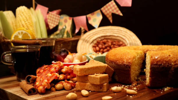 Brazilian food for June feast. Festa Junina treats on decorated table. stock photo