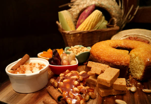 Brazilian traditional June Party food on dark background. stock photo