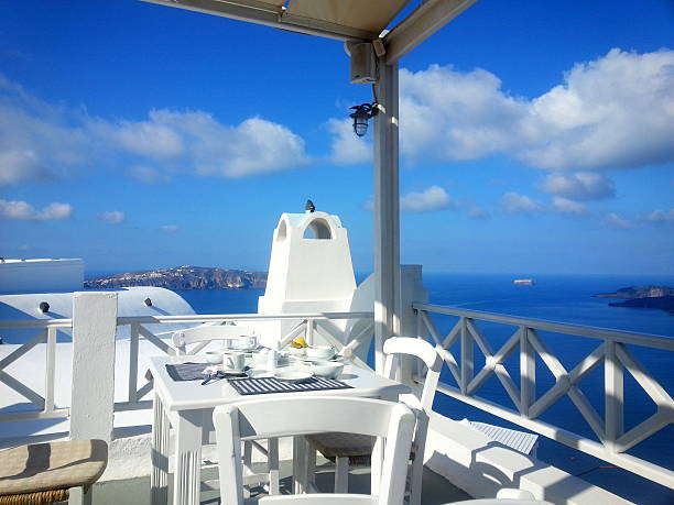 Breakfast Table View on Santorini Island stock photo