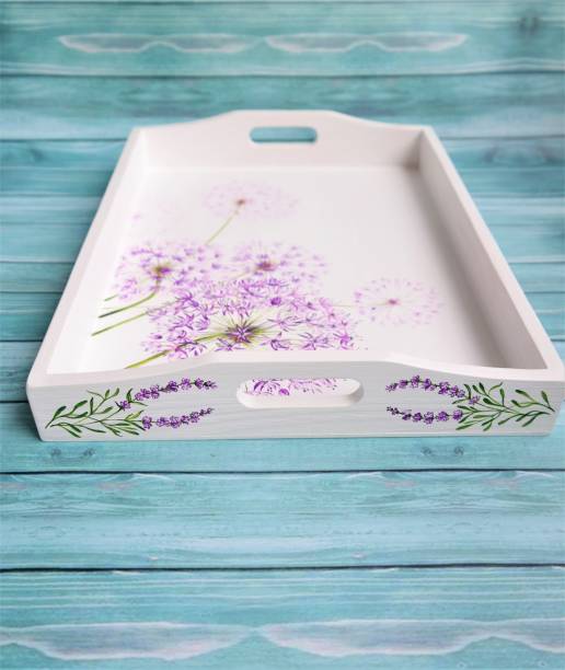 breakfast tray with hand-painted lilac flowers stock photo