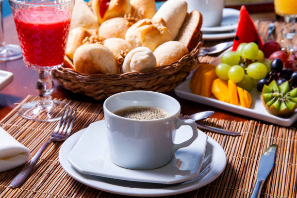 Breakfast with baguette bread stock photo