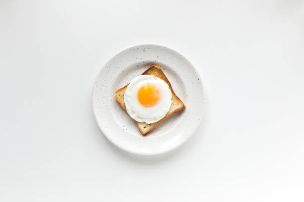 breakfast with fried egg on toast top view of breakfast with fried egg on toast, isolated on white fried egg photos stock pictures, royalty-free photos & images