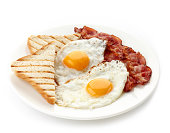 Plate of breakfast with fried eggs, bacon and toasts isolated on white background