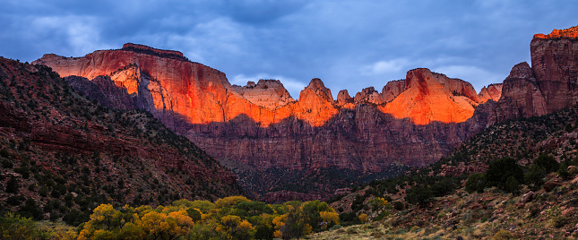 Breathtaking sunrise panorama of the Towers of the Virgin in Zion Canyon National Park, Utah.