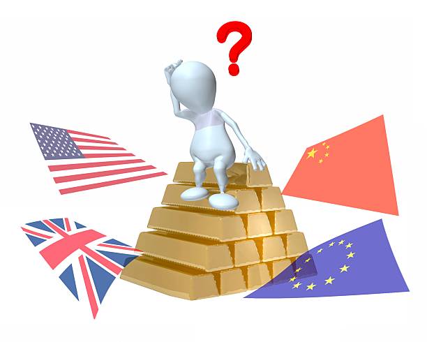 Brexit 3D man sitting on pile of gold bars stock photo
