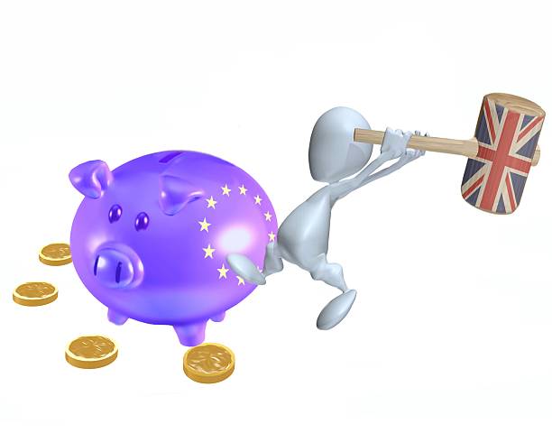 Brexit 3D man with mallet and a piggy bank stock photo