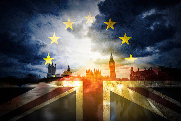 Brexit and the EU European Union A stock photo of London England blended with an image of the EU European Union flag. Perfect for designs or articles about England, European Union or Brexit. brexit stock pictures, royalty-free photos & images