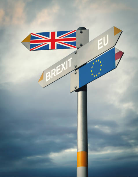 Brexit signpost Signpost with various directions to EU and Britain illustrating Brexit procedure brexit stock pictures, royalty-free photos & images