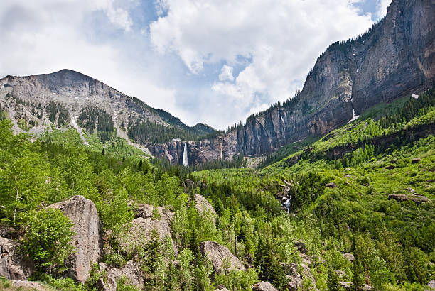 Bridal Veil Falls Bridal Veil Falls is a 365-foot waterfall on the San Miguel River which flows out of the San Juan Mountains. The falls are at 10,279 feet above sea level at the end of the box canyon overlooking Telluride, Colorado, USA. jeff goulden waterfall stock pictures, royalty-free photos & images