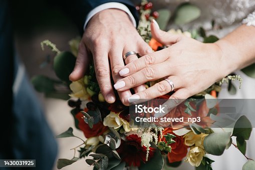 istock Bride and Groom hands over wedding flowers showing their marriage rings 1430031925