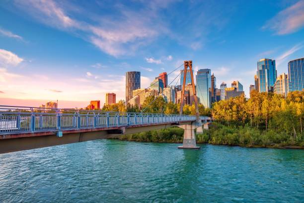 Bridge Over Bow River At Sunrise A colorful morning sky over a bridge crossing over the Bow river in Calgary. calgary stock pictures, royalty-free photos & images