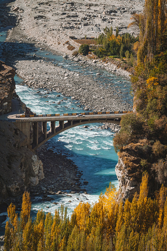 Scenic view of bridge over the  river  in Himalayas  mountains  in autumn
