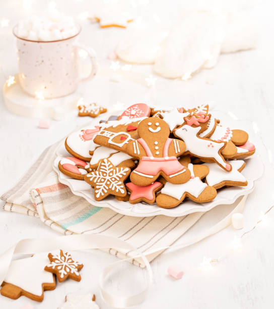 Bright and Cheerful Gingerbread Christmas Cookies on a plate. stock photo