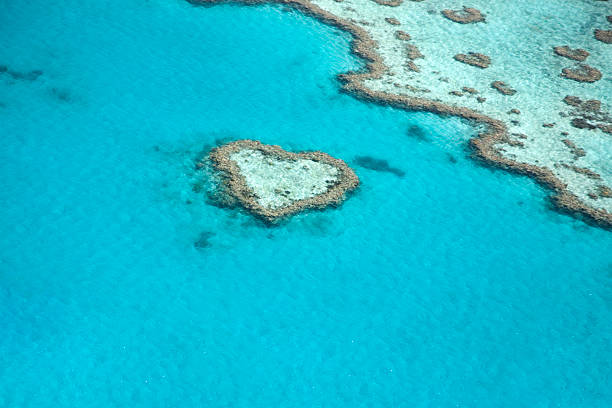 Bright blue ocean with a heart shaped island  stock photo