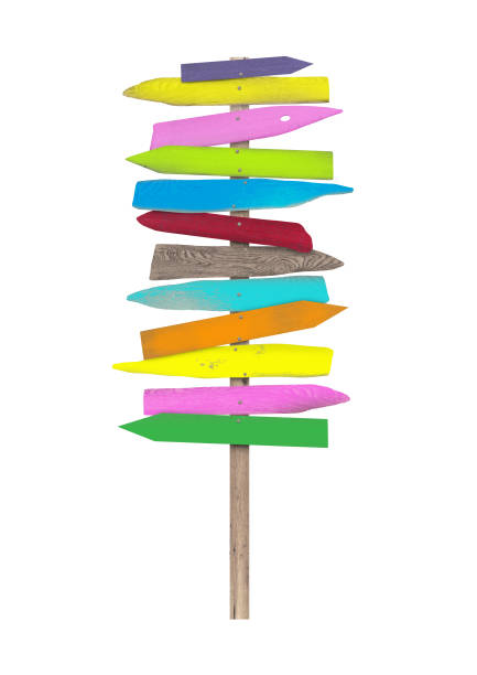 bright colorful blank wooden directional beach signs on pole stock photo