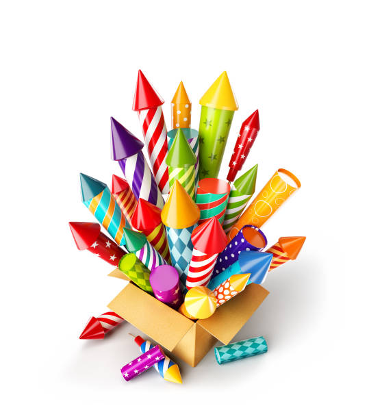 bright colorful fireworks rockets in a box. stock photo