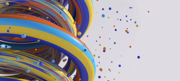 Bright colorful spirals and particles, close-up. Abstract illustration, 3d render. stock photo