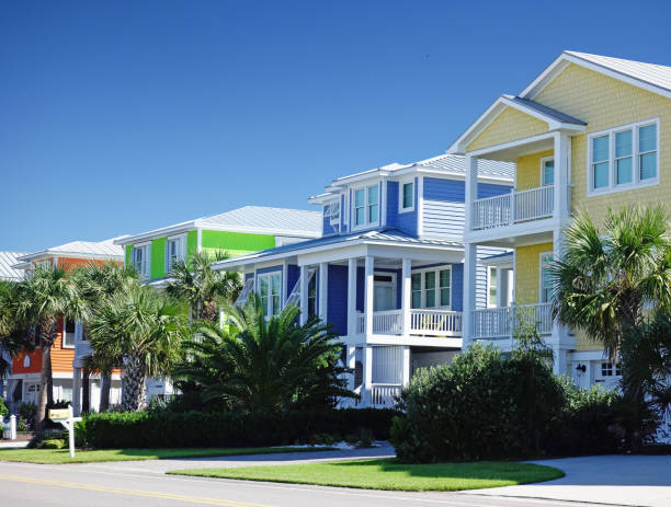 Bright new pastel color houses in Carolina Beach, North Carolina stock photo