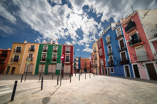 Bright seaside town of Spain. Cityscape with Cute Colorful Houses. Villajoyosa, Costa Blanca Coast, province of Alicante, Valencian Community, Spain, Apr.2019