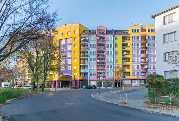 Brightly colored residential units of Harry Gerlach in Berlin, Germany stock photo