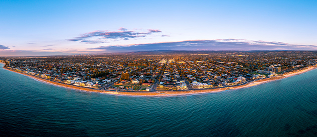 Panoramic Aerial view of Brighton Beach coastline in Adelaide, WA, Australia at sunset