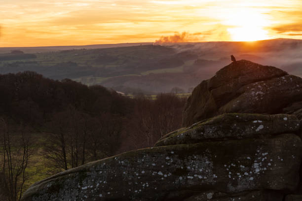 Brimham Sunset With smoke in the air the sun is setting over the Pennines near Pateley Bridge close to Brimham Rocks brimham rocks stock pictures, royalty-free photos & images