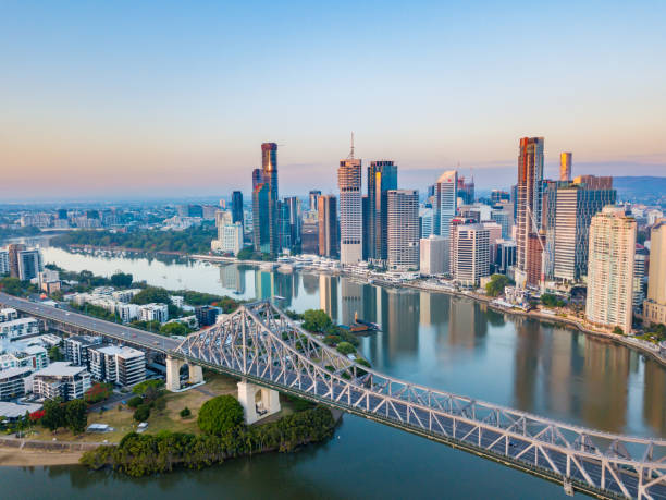 Brisbane City aerial view at sunrise stock photo
