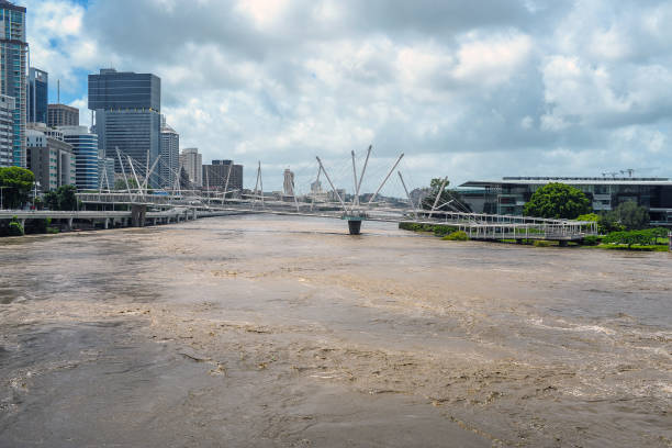 Brisbane Kurilpa Bridge during big flood event stock photo