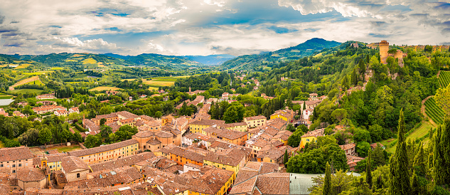 Brisighella, Ravenna, Emilia-Romagna, Italy. Beautiful panoramic aerial view from on the medieval city and the fortress of Manfrediana.