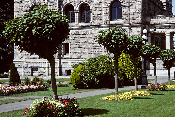 British Columbia Parliament and Flower Beds The British Columbia Parliament buildings are home to the Legislative Assembly. The building officially opened in 1898. Pictured here are the extensive landscaped gardens which includes several distinctive mulberry trees. The parliament buildings are located in the provincial capitol of Victoria, British Columbia, Canada. jeff goulden government building stock pictures, royalty-free photos & images