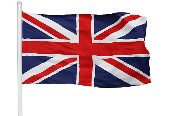 britische flagge winken auf stab mit clipping path - englische flagge stock-fotos und bilder