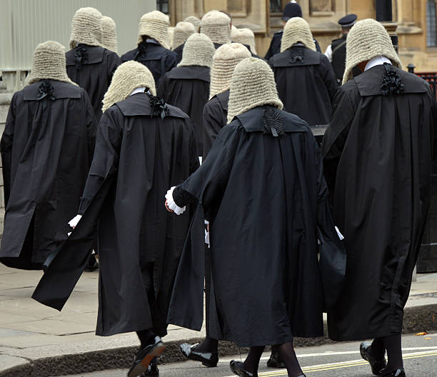 British Judges British judges wearing traditional ceremonial wigs and robes in a procession at Westminster, London wig stock pictures, royalty-free photos & images