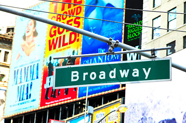 Broadway New York, NY, USA - June 9, 2013: Broadway: Broadway street sign with Broadway musical billboard Times Square in New York. musical theater stock pictures, royalty-free photos & images
