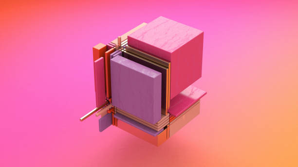 Broken cube. Glass, metallic, plastic rectangles. Abstract illustration, 3d render. stock photo