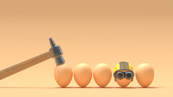 Broken eggs because they do not wear helmets. 3D Render
