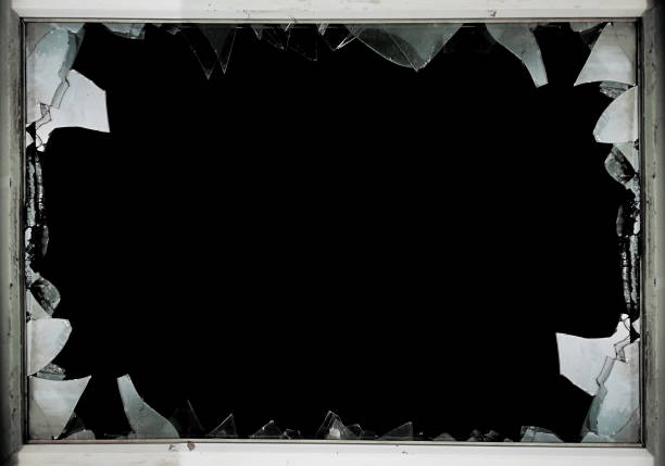 Broken window frame isolated on white background stock photo