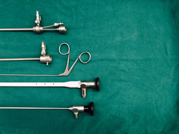 Bronchoscopy equipment used in endoscopy Arranged On the green cloth stock photo