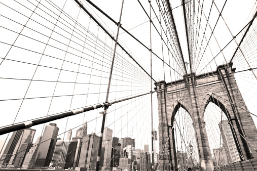 View Brooklyn Bridge with Foggy City in the Background in Black and White