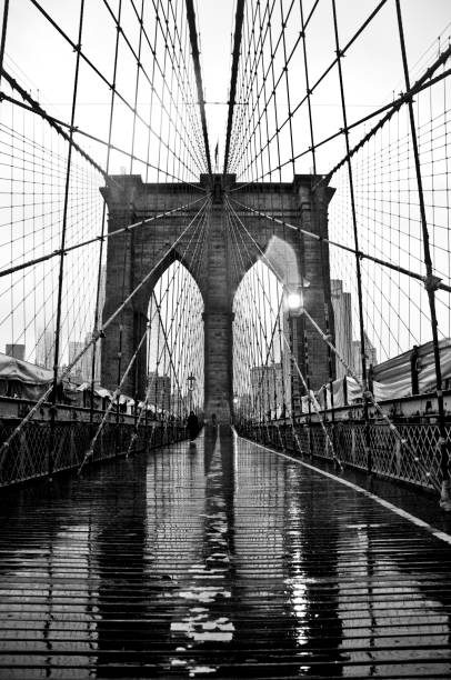 Brooklyn Bridge Rain in Manhattan, empty bridge brooklyn bridge stock pictures, royalty-free photos & images