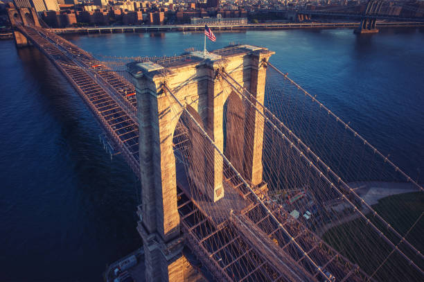 Brooklyn Bridge trom top - aerial view with East river. Background image. Taken from Brooklyn.  brooklyn bridge stock pictures, royalty-free photos & images