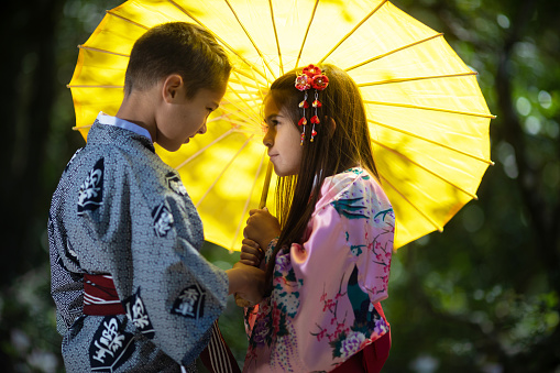 Brother and sister in kimonos