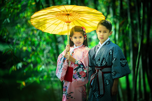 Brother and sister wearing kimono