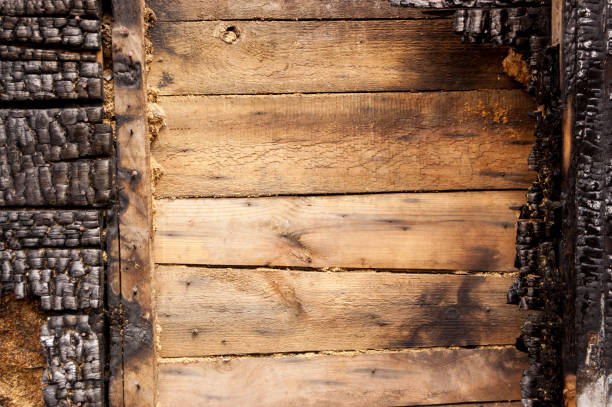 brown burnt wall of house of wooden planks with embossed texture. background for copy space. concept of loss of real estate or home. property insurance brown burnt wall of house of wooden planks with embossed texture. background for copy space. concept of loss of real estate or home. property insurance. restoring stock pictures, royalty-free photos & images
