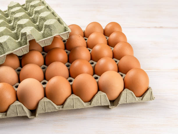 Brown chicken eggs in the cardboard tray. stock photo