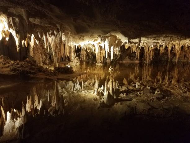 braune stalaktiten und stalagmiten in höhle oder kavernmitn mit wasser - tropfsteinhöhle stalaktiten stock-fotos und bilder