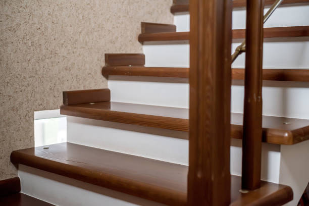 Brown wooden staircase stock photo