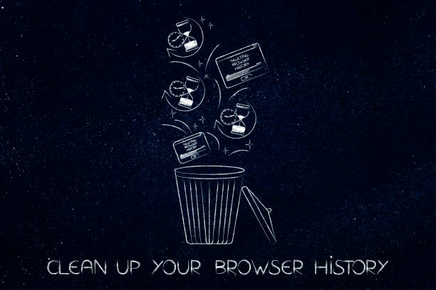 browser history data with hourglass icons and pop-ups in the bin stock photo